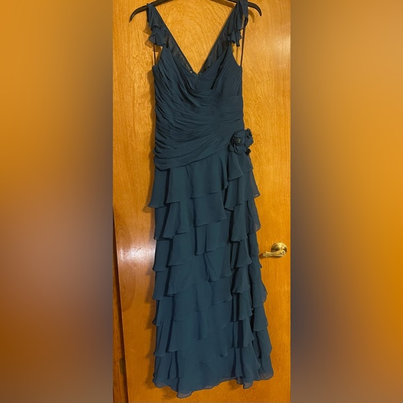 Camille La Vie Gathered Chiffon Ruffle Gown Dark Teal Dress - Picture 3 of 8